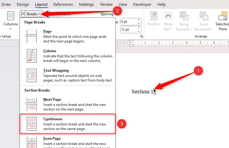 Il menu a discesa Interruzioni in Microsoft Word, con l'opzione "Continuo" selezionata.