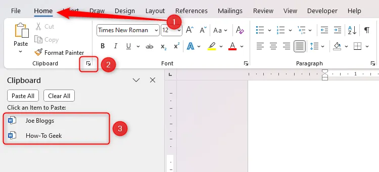 Der Zwischenablagebereich in Microsoft Word zeigt zuvor kopierte Elemente an, darunter „Joe Bloggs“ und „How-To Geek“.