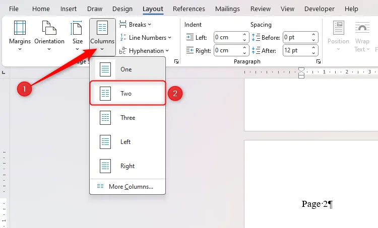 Si apre il menu a discesa Colonne in Microsoft Word, con l'opzione "Due" selezionata.