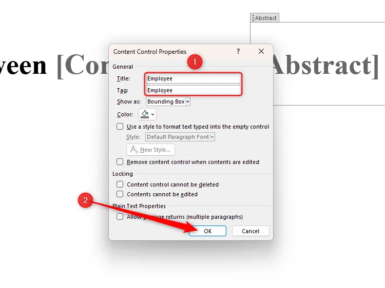 Das Dialogfeld „Eigenschaften des Inhaltssteuerelements“ in Microsoft Word, wobei in den Feldern „Titel“ und „Tag“ „Mitarbeiter“ angezeigt wird.