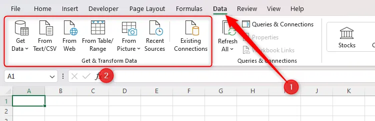 Plassering av Power Query-verktøy i Data-fanen i Excel