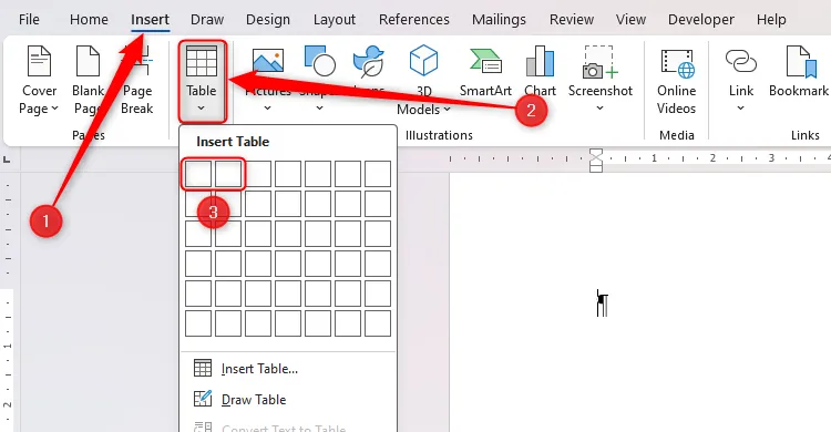 L'opzione Inserisci tabella in Microsoft Word, con una riga e due colonne selezionate sulla griglia.