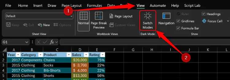 Microsoft Excel Dark Mode-visningsikonet i Vis-fanen på båndet.