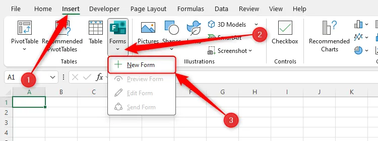 De optie Nieuw formulier in de vervolgkeuzelijst Formulieren op het tabblad Invoegen in Microsoft Excel.