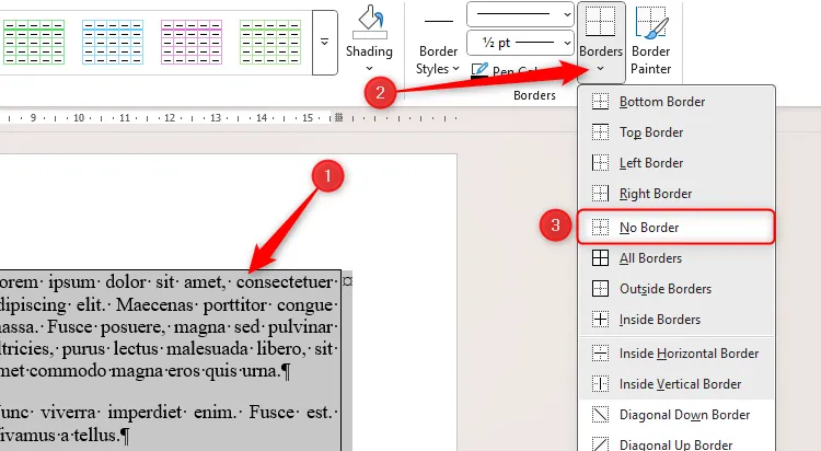 L'opzione Nessun bordo nel menu a discesa del bordo della tabella in Microsoft Word.