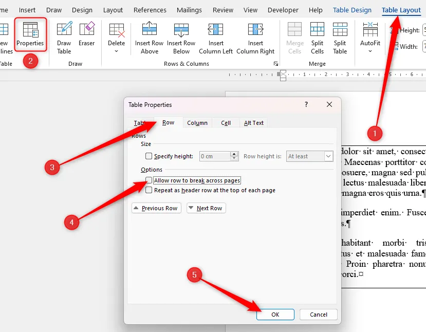 L'opzione in Microsoft Word per impedire la suddivisione delle righe tra le pagine nella finestra di dialogo Proprietà tabella.