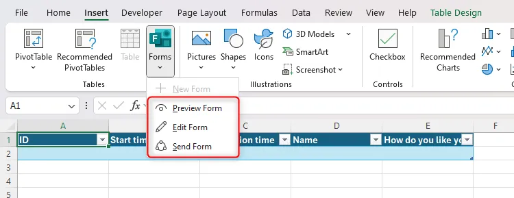 De opties Voorbeeldformulier, Formulier bewerken en Formulier verzenden in het vervolgkeuzemenu Formulieren van Excel zijn gemarkeerd.