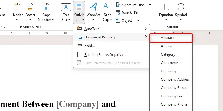 Das Dropdown-Menü „Schnellbausteine“ in Microsoft Word zeigt die Option „Abstrakt“ im Menü „Dokumenteigenschaften“ an.