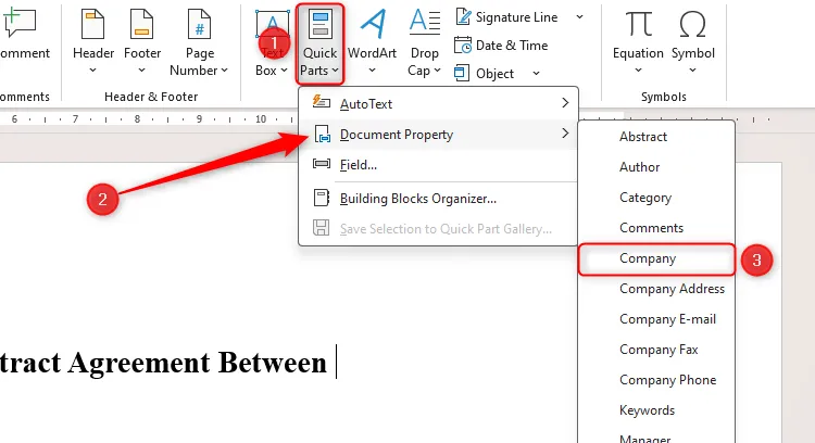 Das Dropdown-Menü „Schnellbausteine“ in Microsoft Word zeigt die Option „Unternehmen“ im Menü „Dokumenteigenschaften“.