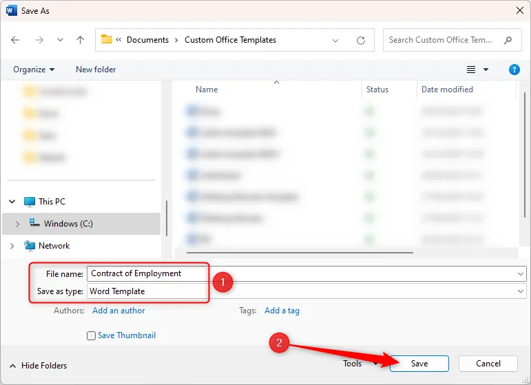 Das Dialogfeld „Speichern unter“ in Microsoft Word mit dem Dateinamen „Arbeitsvertrag“.