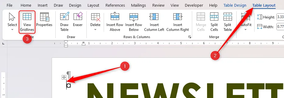 Alternativet Vis rutenett i Microsoft Word, tilgjengelig via kategorien Tabelloppsett.