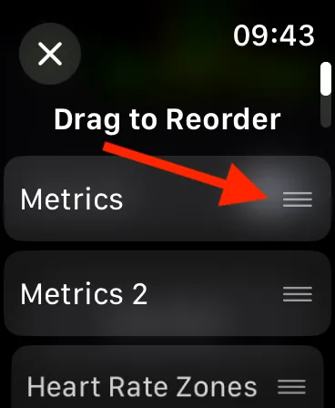 Třířádkové ikony pro změnu pořadí v zobrazení cvičení na Apple Watch