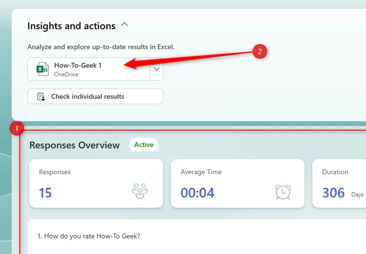 Twee manieren om reacties in een Microsoft Form te analyseren. De eerste is in de browser en de tweede is via de Excel voor de weblink.