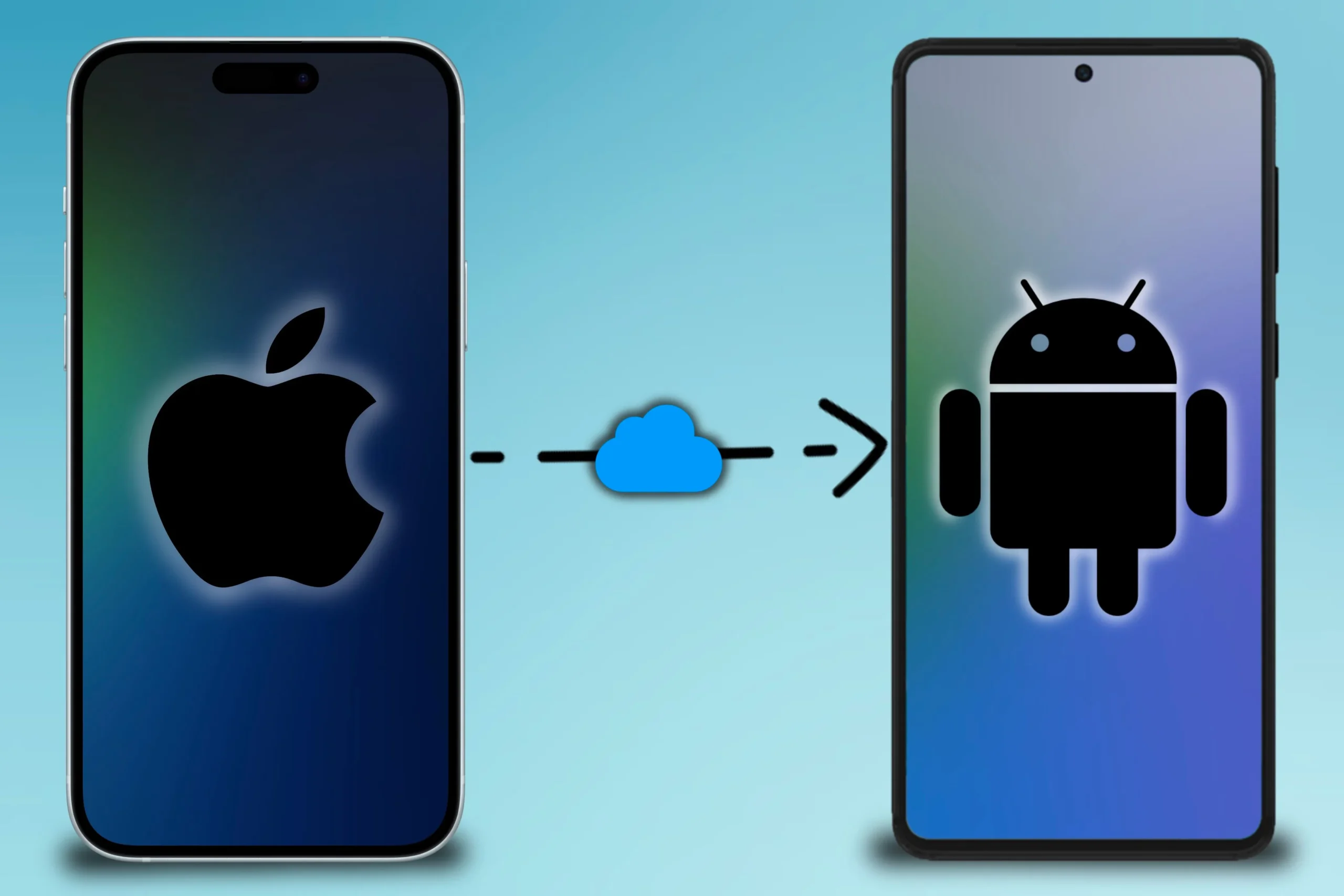 Apple ロゴが入った iPhone が、カラフルな背景の前で Android アイコンが入った Android スマートフォンに iCloud データを転送しています。