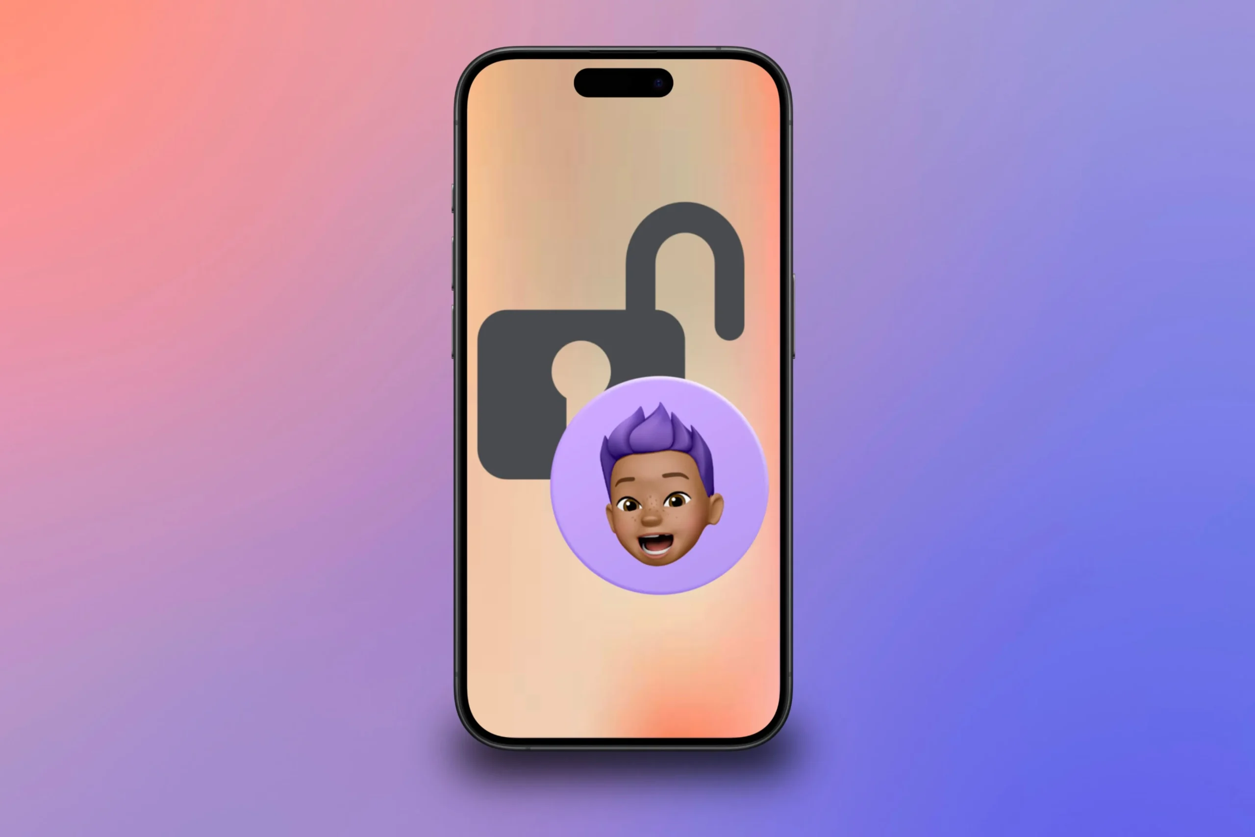 Wizualizacja odblokowanego iPhone'a z Memoji przedstawiającym dziecko.