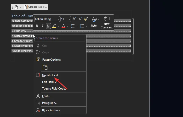 Højreklik for at opdatere feltet i Microsoft Word