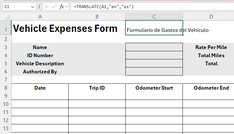 Skjema for kjøretøyutgifter oversatt til spansk i Excel ved hjelp av OTSÆTT-funksjonen.