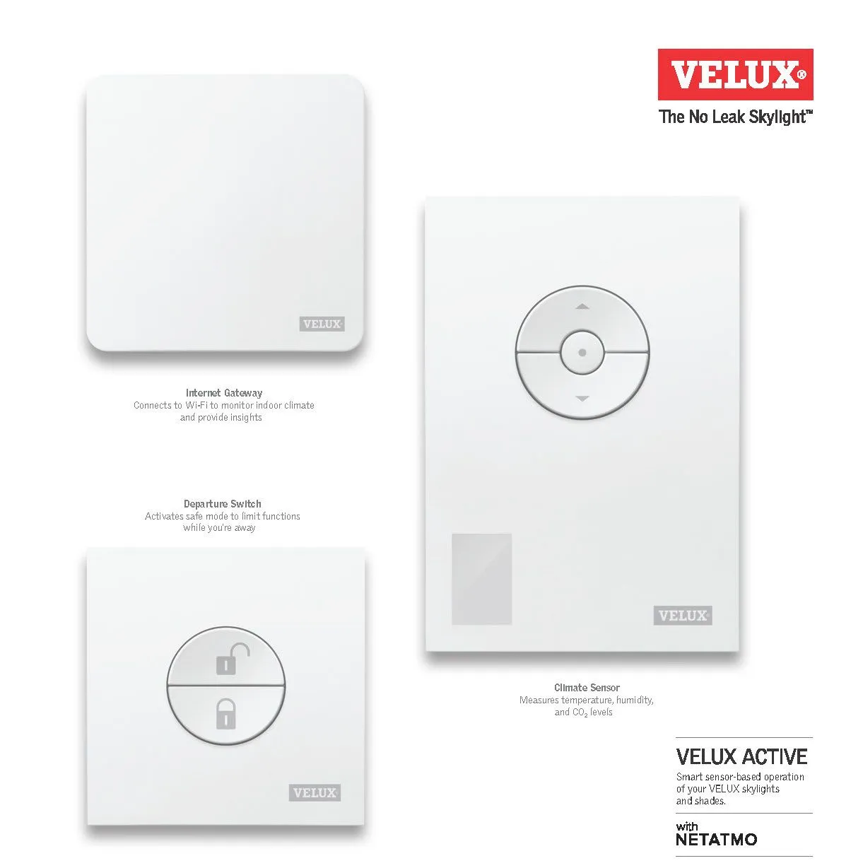 Velux Active 3 구성 요소에는 인터넷 게이트웨이, 기후 센서, 출발 스위치라는 라벨이 붙어 있습니다.