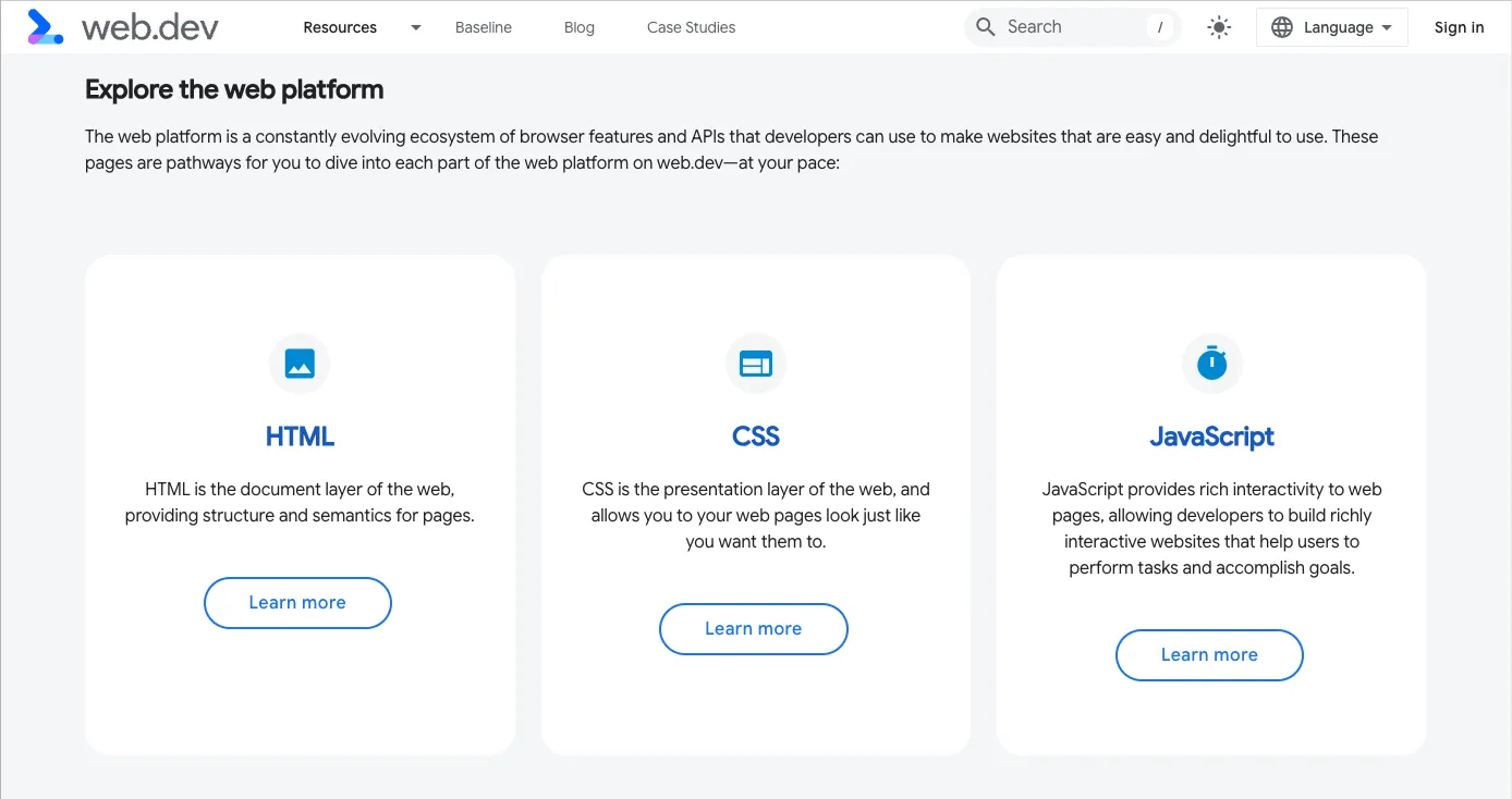 A página inicial do site web.dev com recursos de aprendizagem para HTML, CSS e JavaScript.